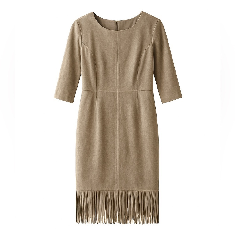 NWT Jessica Howard Faux Suede Fringe Short Sleeved Beige Tan Dress 6